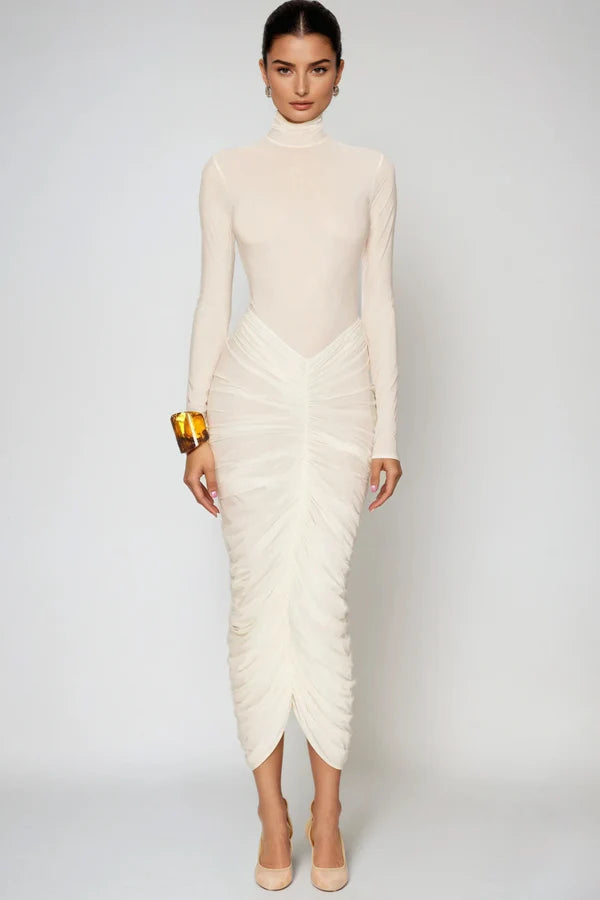 Vestido midi fruncido con cuello alto Sofia