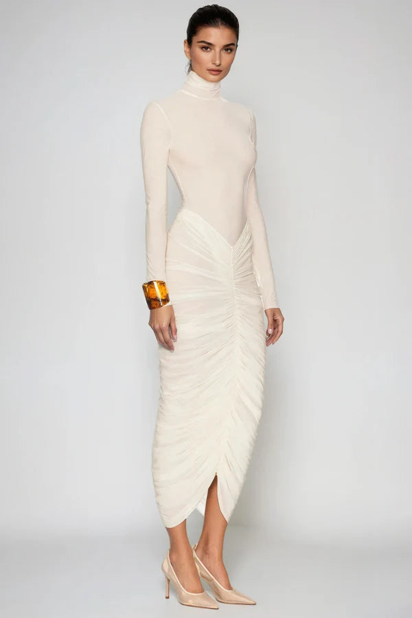 Vestido midi fruncido con cuello alto Sofia